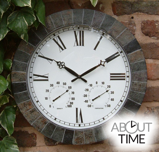 Grande Horloge d'Exterieur Effet Ardoise - Thermomètre Hygromètre - 45cm - About Time™